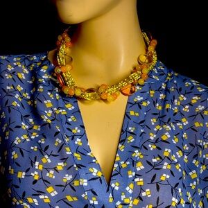 Anne Klein Blue, Yellow, Black Patterned Blouse with Yellow Choker Necklace!